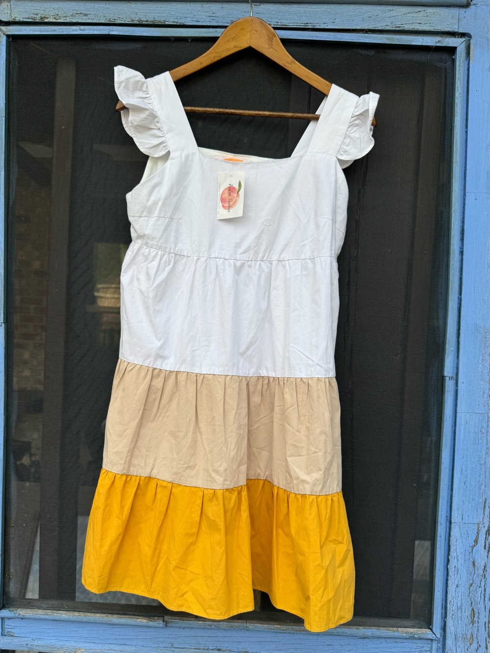 Girls Colorblock Ruffle Strap Dress in White, Cream & Yellow